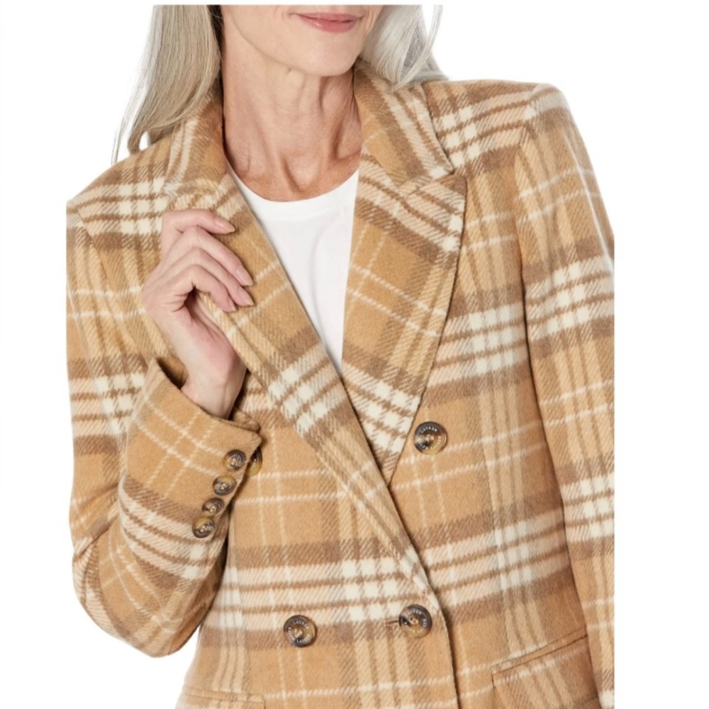NWT Lauren Ralph Lauren Plaid Double Breasted Reefer Coat In Camel, Size 10 - Picture 2 of 13